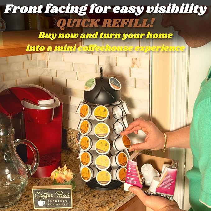 Made Easy Kit Carousel Coffee Pod Holder - Compatible with Keurig K-Pods K-Cups - Countertop 360 Spin Rack Storage Organizer - Revolving Base - Capsule Café Station Bar (Rooster Black, Small)