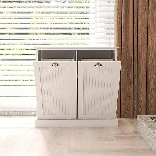 RASOO Double Tilt Out Trash Cabinet White Free Standing Laundry Sorter Cabinet with Removable Two-Compartment Tilt-Out Hamper Clothes Basket