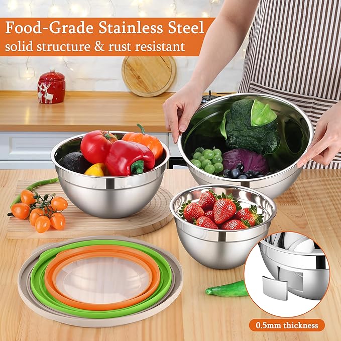 LIANYU Mixing Bowls with Lid Set of 3, Large & Small Stainless Steel Metal Salad Mixing Bowls, 1.5 & 3 & 4.6QT Sizes For Kitchen Cooking, Baking, Storage, Food Prepping, Serving, Three-Color