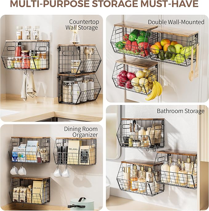 Delamu Stackable Metal Fruit Basket with Wood Lid 3 Pack, Hanging Wall Organizer for Kitchen Counter, Pantry Storage for Onions, Potatoes, Garli, Fruits, Spices, Black