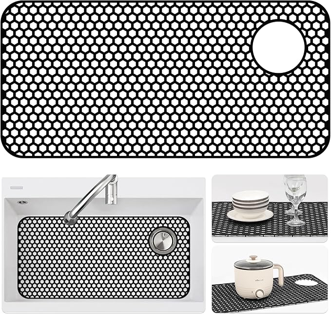 Bestjing Silicone Sink Protectors for Kitchen Sink - 28.4"x 14.3" Kitchen Protector Accessory, Non-Slip Heat Resistant Mat for Bottom of Farmhouse Porcelain Stainless Steel(Top Right Drain Hole,Black)
