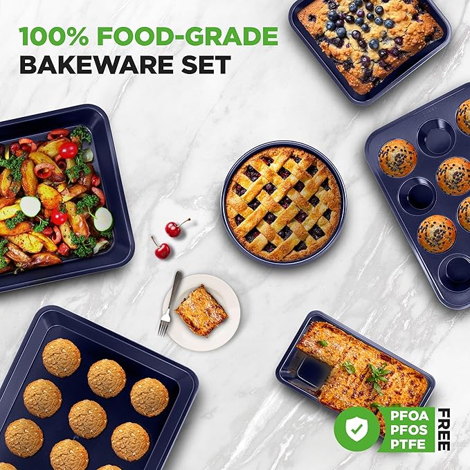 NutriChef 6-Piece Nonstick Baking Pans - Carbon Steel Non toxic Bakeware set with Cookie Sheets, Muffin, Loaf, Round & Square Pan - Restaurant Quality Baking Tray, Easy Clean, Dishwasher & Oven Safe