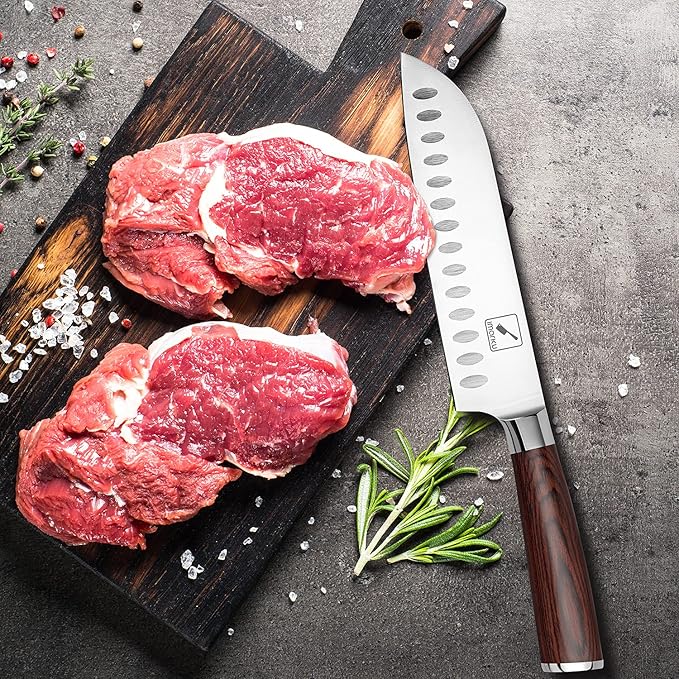 imarku Santoku Knife 7 inch Kitchen Knife Ultra Sharp Asian Knife Japanese Chef Knife, German HC Stainless Steel, Ergonomic Pakkawood Handle, Christmas Gifts for Women/Men, Red