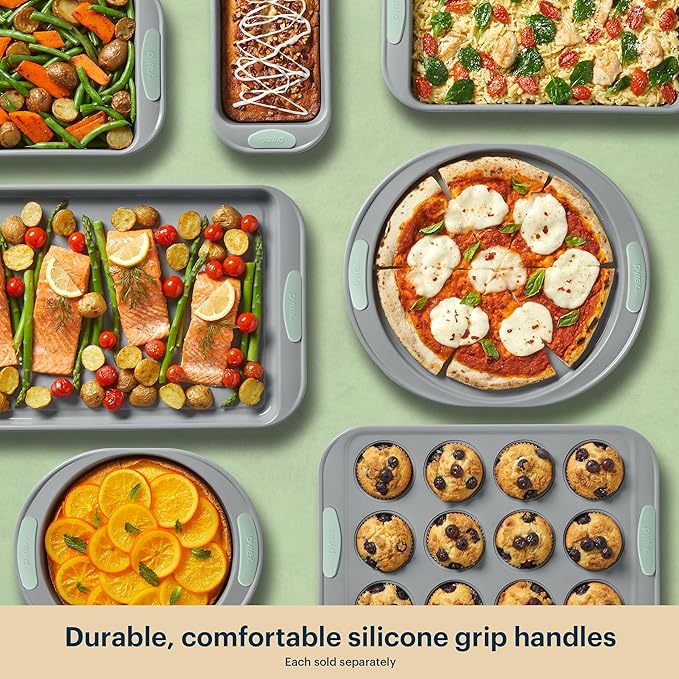 Pyrex (3-Piece) Metal Cookie & Muffin Sheet Bakeware Set, Lightweight Stainless Steel Baking Trays with Heatsafe Silicone Handles, Cookie Muffin Sheet Baking Pan, Sage