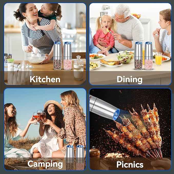 Gravity Electric Salt and Pepper Grinder set of 2, Automatic Salt And Pepper Grinder Set, Adjustable Roughness, Battery Powered, LED Light, 2 Pack, (Silver)