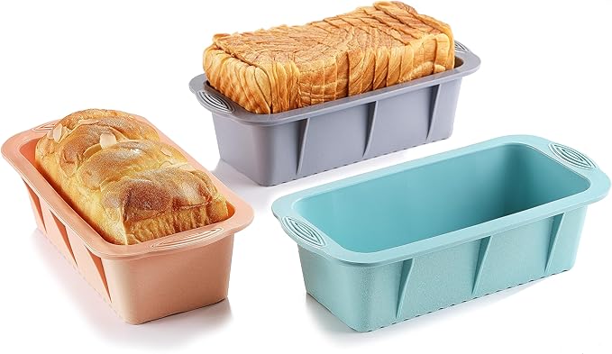 MONGSEW 3PCS Silicone Bread Loaf Pan, Non-Stick Bread Pans for Baking, Easy Release Loaf Pan, Great for Homemade Bread, Cakes, Brownies, Dishwasher Safe (3 Colors, Nesting Design)