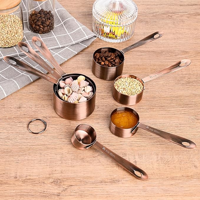 Copper Plated Measuring Cups and Spoons Set, Stainless Steel Measuring Cups and Spoons Set, 7 Kitchen Measure Cup, 9 Spice Measure Spoons, US&Metric Measuring Tools for Baking
