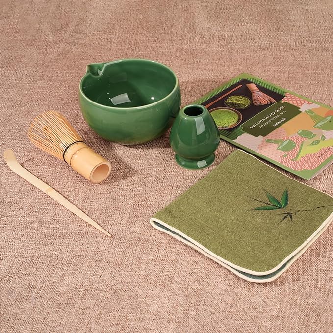 Matcha Whisk Set – Ceramic Matcha Set with Matcha Bowl, Matcha Whisk & Holder, Bamboo Scoop, Tea Towel – 5-Piece Japanese Matcha Kit for Matcha Lovers, Beginners & Gifting (Green, 17oz)