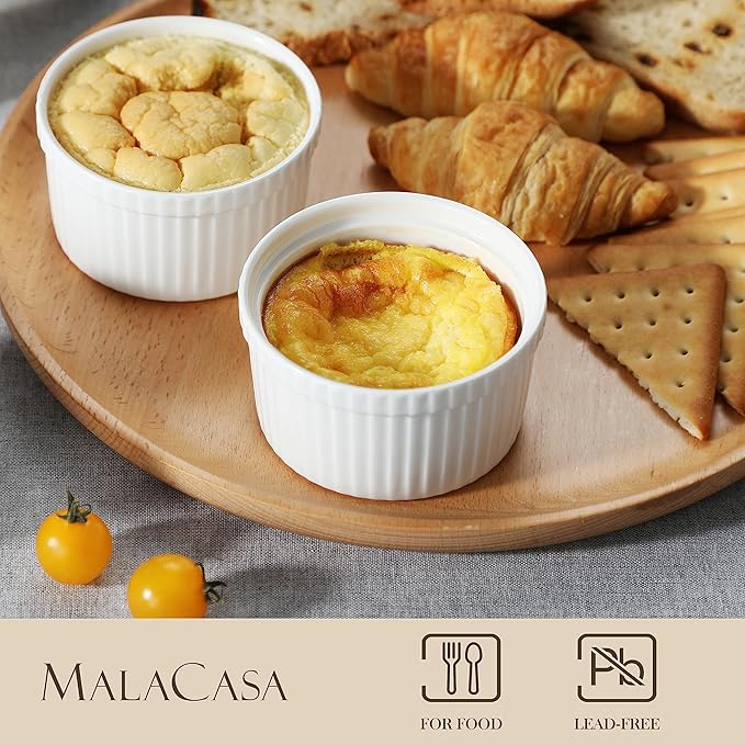 MALACASA Ramekins with Lids 8 oz - Set of 6, White Porcelain Creme Brulee Souffle Ramekins with Covers, Ceramic Custard Cups for Baking, Dishwasher and Oven Safe, Series RAMEKIN-DISH