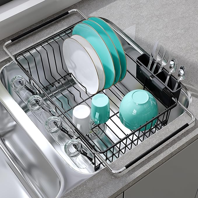 JASIWAY Dish Drying Rack in Sink, Expandable Stainless Steel Dish Drainers for Kitchen Counter, Space Saving Dish Dryer Rack with Drainboard, Over The Sink Dish Racks with Utensil Holder, Black