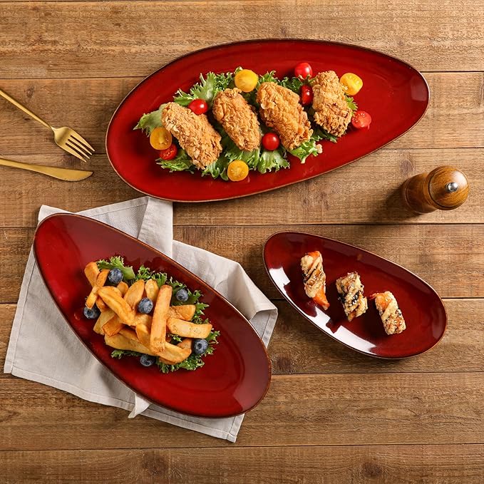 vicrays Large Oval Serving Platters, 16"/14"/10" Porcelain Serving Platters for Party, BBQ,Stackable Serving Trays Serving Plates for Appetizers, Sushi, Restaurant, Set of 3 (Cherry Red)