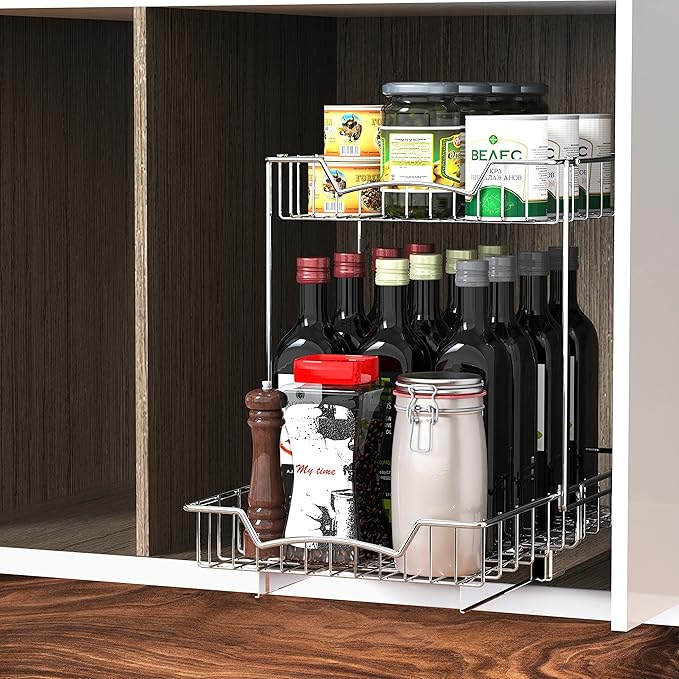 SIMPLE HOUSEWARE 2-Tier (L+L) Organizer Pull Out Under Cabinet Sliding Shelf, Chrome