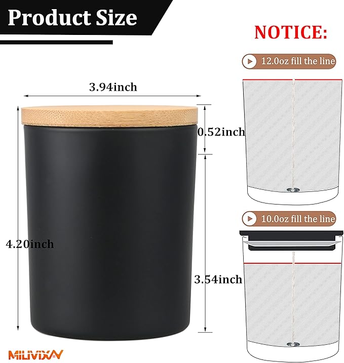 MILIVIXAY 12 Pack 12 OZ Black Matte Glass Candle Jars with Lids and Candle Making Kits - Bulk Empty Candle Jars for Making Candles - Spice, Powder Containers.