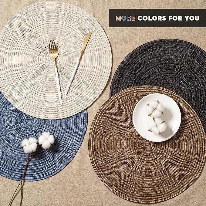 FunWheat Round Braided Placemats Set of 4 Place mats for Dining Tables Woven Heat Resistant Table Mats 15 inch (E Beige, 4pcs)