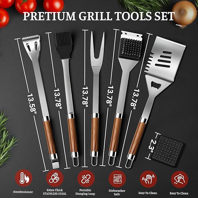 BBQ Grill Tools Set, Stainless Steel Grilling Set with Storage Bag, Spatula, Fork, Cleaning Brush Grill Set, Grill Accessories for Outdoor Cooking Camping, Grilling Gifts for Men