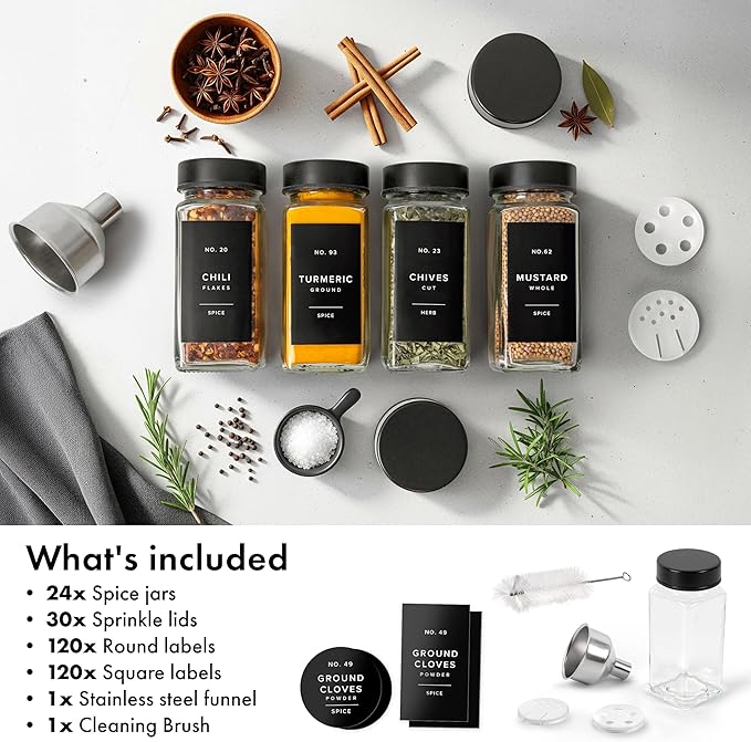 EDELHAUS Glass Spice Jars with Label and Black Lids (24 x 4oz) Spice Containers with 240 Labels, Shaker Inserts, Steel Funnel, Empty Square Empty Square Seasoning Organizer