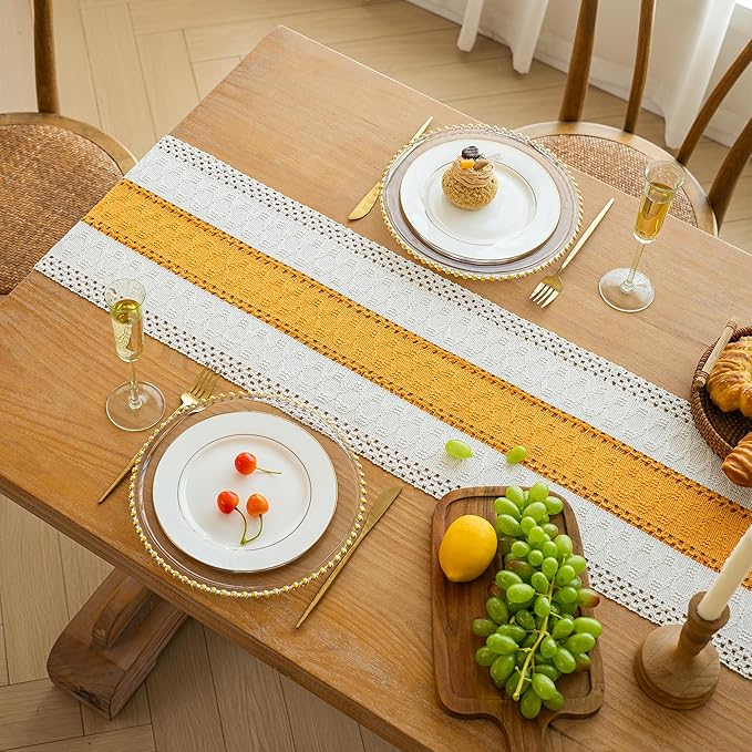FEXIA Boho Table Runner for Fall Home Decor with Tassels 72 Inches Long Farmhouse Yellow Rustic Table Runner Macrame Burlap Table Decoration for Living Room Bridal Shower(12x72 Inches)