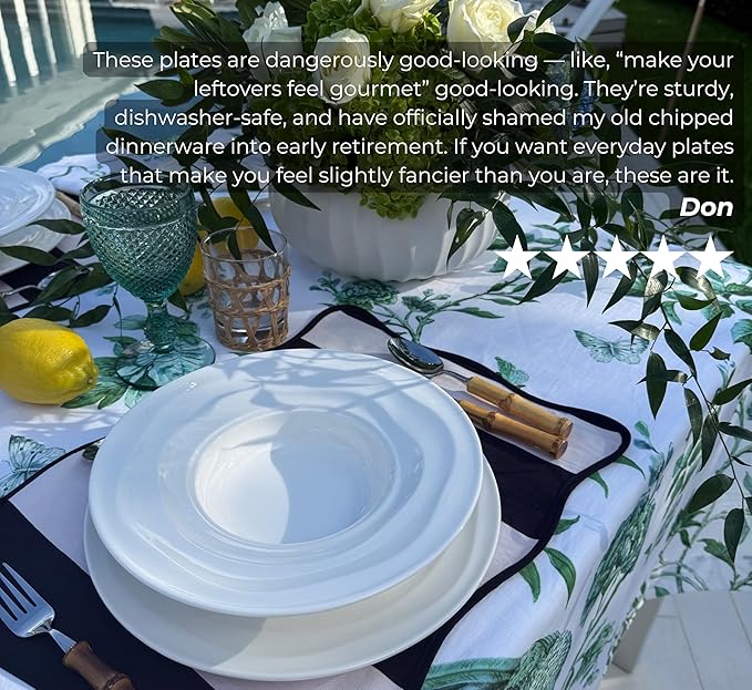 Pots & Patterns White Dinner Plates. Porcelain Dinnerware Set for 4-12-Piece Chip Resistant Plates and Bowls Sets