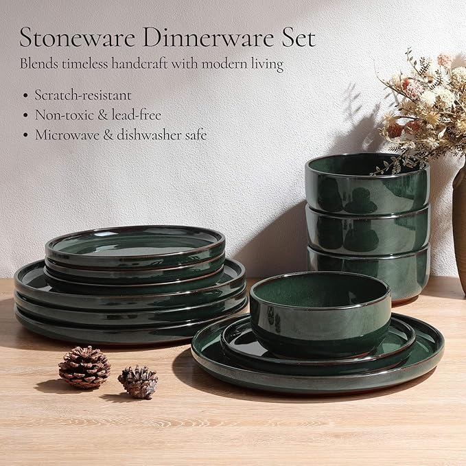 E-far Stoneware Dinnerware Sets for 8, 24 Pieces Reactive Glaze Plates and Bowls Sets, Elegant Dishes with Rustic Terracotta Clay Base, Dishwasher & Microwave Safe, Scratch Resistant, Blackish Green
