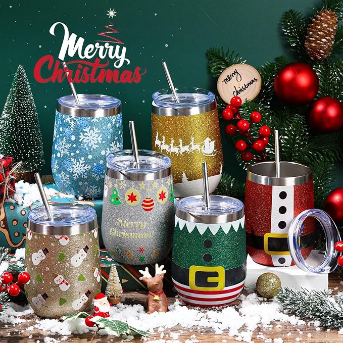 Sliner 6 Pack Pack Christmas Glitter Tumbler Bulk, 12 oz Holiday Wine Tumbler Set Stainless Steel Insulated Sparkling Glitter Cup with Lids Straws and Brushes Travel Mug Xmas Gift (Santa Belt Style)