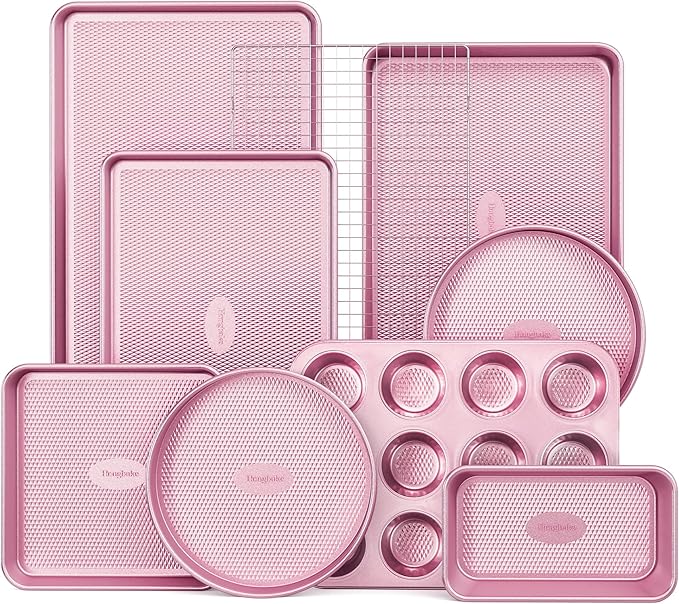 HONGBAKE 9-Piece Baking Pans Set Nonstick, Stackable Non Toxic Bakeware Sets with Diamond Texture, Oven Pan Set for Cooking, Includes Cookie Sheet with Rack, Cake Pan, Roasting Pan, Muffin Tin, Pink
