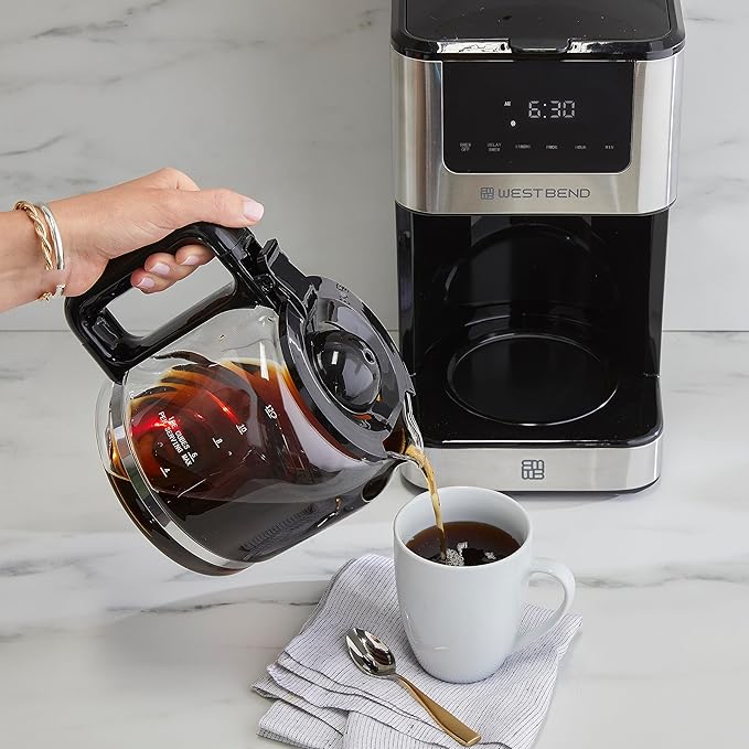 West Bend Drip Coffee Maker Brews Hot or Iced, Programmable with Brew Strength Selector Auto Shut-Off and 6 Functions Permanent Mesh Filter and Glass Carafe, 12-Cup, Metallic