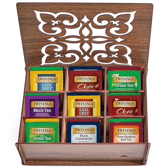 Twinings Tea Bag Sampler Variety with Walnut Wooden Organizer (60 Count) 40 Different Flavours, Gift for Tea Lovers: Women, Men, Mom, Dad, Family, Friends, Couples