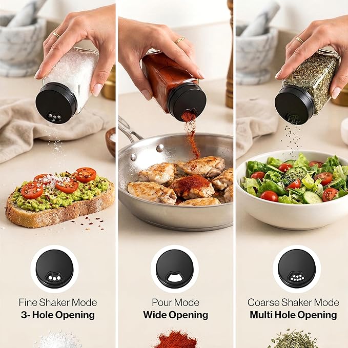 EDELHAUS Large Glass Spice Jars with Label and Black Rotating Lids (12 x 6.7 fl oz) Spice Containers with 160 Labels, Shaker Inserts, Funnel, Empty Square Containers [4.7 in × 2.2 in]