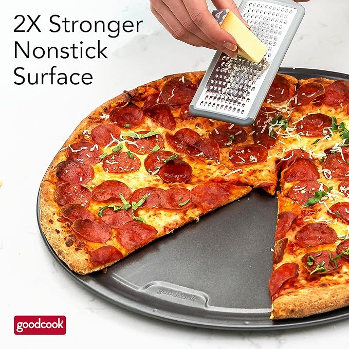 GoodCook PRO Pizza Pan Nonstick Warp & Scratch-Resistant Dishwasher-Safe Carbon Steel Construction for Even Baking Oven Safe to 480°F, 16-Inch, Gray