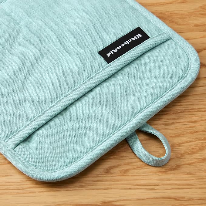 KITCHENAID Gourmet Series Gridlines Pot Holders 2-Pack Set, Heat Resistant up to 600°F, Soft Silicone Grip, Magnetic Cuff, Mineral Water Aqua, 8"x8"