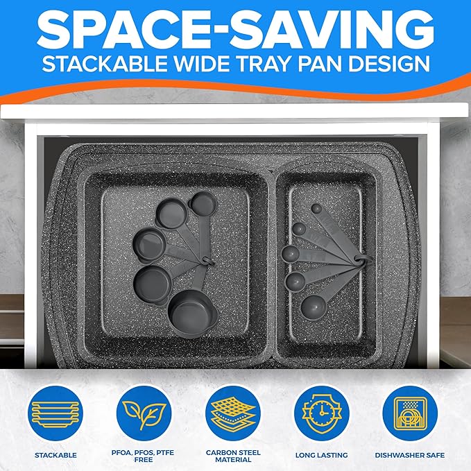 Emporio Kitchen Stackable Baking Pan Set - Deluxe Nonstick Gray Marble Coating, Carbon Steel Bakeware Sets, PFOA, PFOS, PTFE Free, Recipe Booklet Included, Oven Safe (Up to 450°F), Set of 7