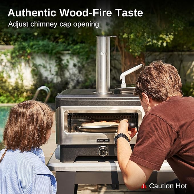 EAST OAK 12" Outdoor Pizza Oven with 360° Rotating Stone, Wood Fired Countertop Pizza Maker, Safe Pellet Filling, Outside Kitchen, Cooking, BBQ
