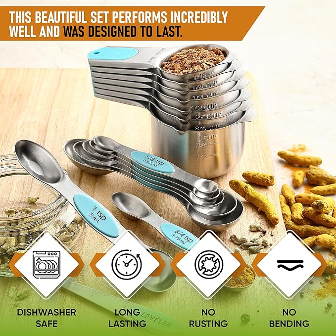 Spring Chef Magnetic Measuring Cups & Spoons Set, Patented, Strong Magnets, Heavy Duty Stainless Steel Fits in Spice Jars for Baking & Cooking, BPA Free, Round Set of 15 with Leveler, Aqua Sky