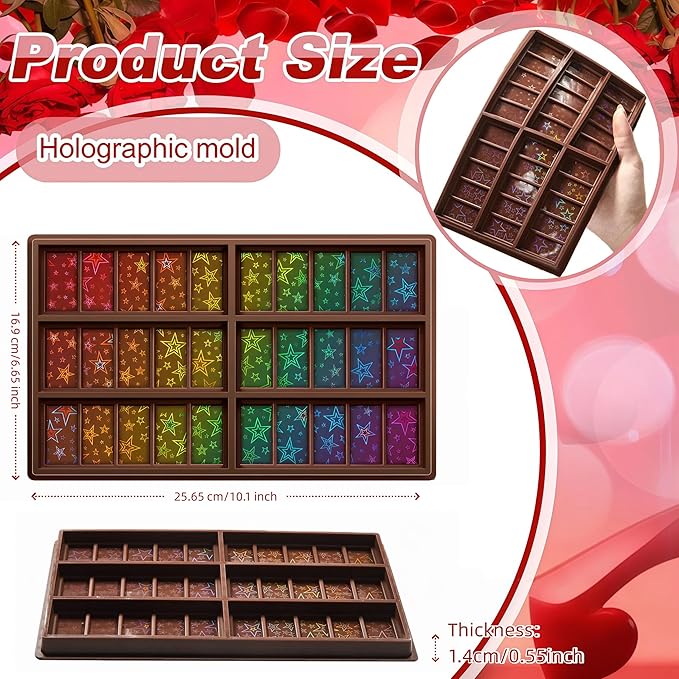 Ziliny Star Holographic Chocolate Bar Mold Silicone, Rainbow Light Effect Chocolate Bar Deep Thick Molds for DIY Candy Dessert Baking, Candy, Wax Melts, Cake Decoration (Rectangle)