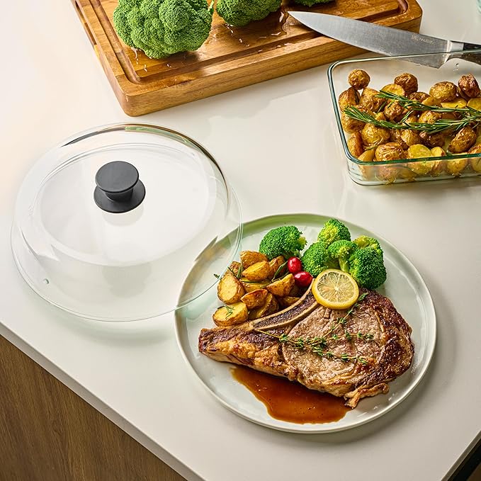 Le'raze 10inch Glass Microwave Splatter Cover for Food - 100% Food Grade BPA & Lead Free - Dishwasher Safe - Cookware & Bakeware Serving Dish Plate Mess Guard Lid with Easy Grip Silicone Handle Knob