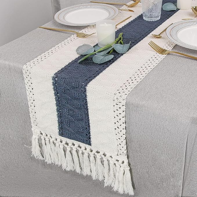FEXIA Boho Table Runner 36 Inches Long with Tassels Farmhouse Rustic Cream & Blue Macrame for Dining Bedroom Home Baby Bridal Shower Decor(12x36 Inches)