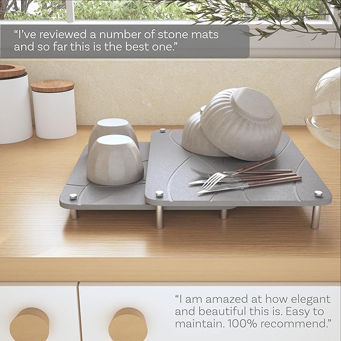 Nested Dish Drying Stone Mat with Bamboo Rack | 2 Pcs Diatomaceous Earth Stone Drying Mats for Kitchen Counter with Non-Slip Feet | Collapsible Large Drying Stone for Dishes (Light Gray)