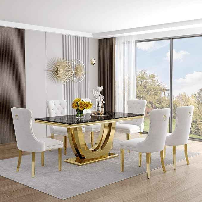 Marble Dining Table Set for 6,70" Black Faux Marble Kitchen Tables and Velvet Chairs for 6,7 Piece Luxury Dining Room Table Set and 6 Upholstered Chairs with Gold Stainless Steel Bases