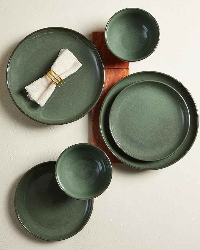 Stoneware Dinnerware Sets for 6, 18 Piece Microwave Safe Plate and Bowl Set, Easy to Clean & Durable Dishes Sets for Small to Medium Families, Forest Green