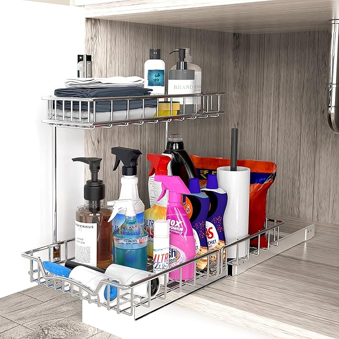 SIMPLE HOUSEWARE 2-Tier (L+M) Organizer Pull Out Under Cabinet Sliding Shelf, Chrome