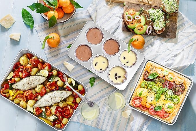 TeamFar Stainless Steel Bakeware Set, 13-Piece Metal Baking Roasting Pans with Lid, Rectangular/Square/Round/Lasagna/Loaf/Muffin Cake Pans, Non-Toxic & Sturdy, Smooth & Dishwasher Safe