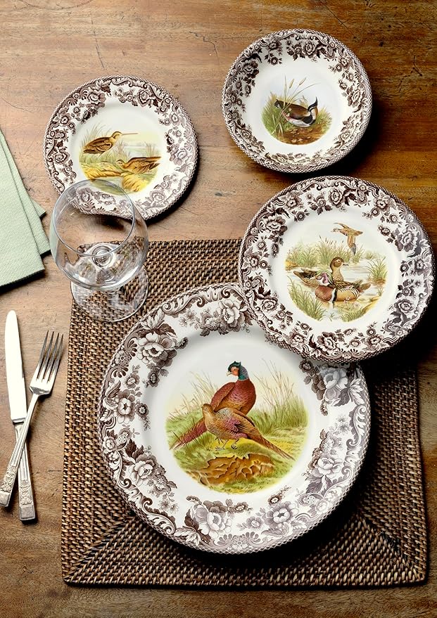 Spode Woodland Duck Dinner Plate - Game Bird Design, 10.5 Inch Fine Earthenware with British Flowers Border, Dishwasher, Microwave & Warm Oven Safe to 225°F - Made in England Wildlife Tableware