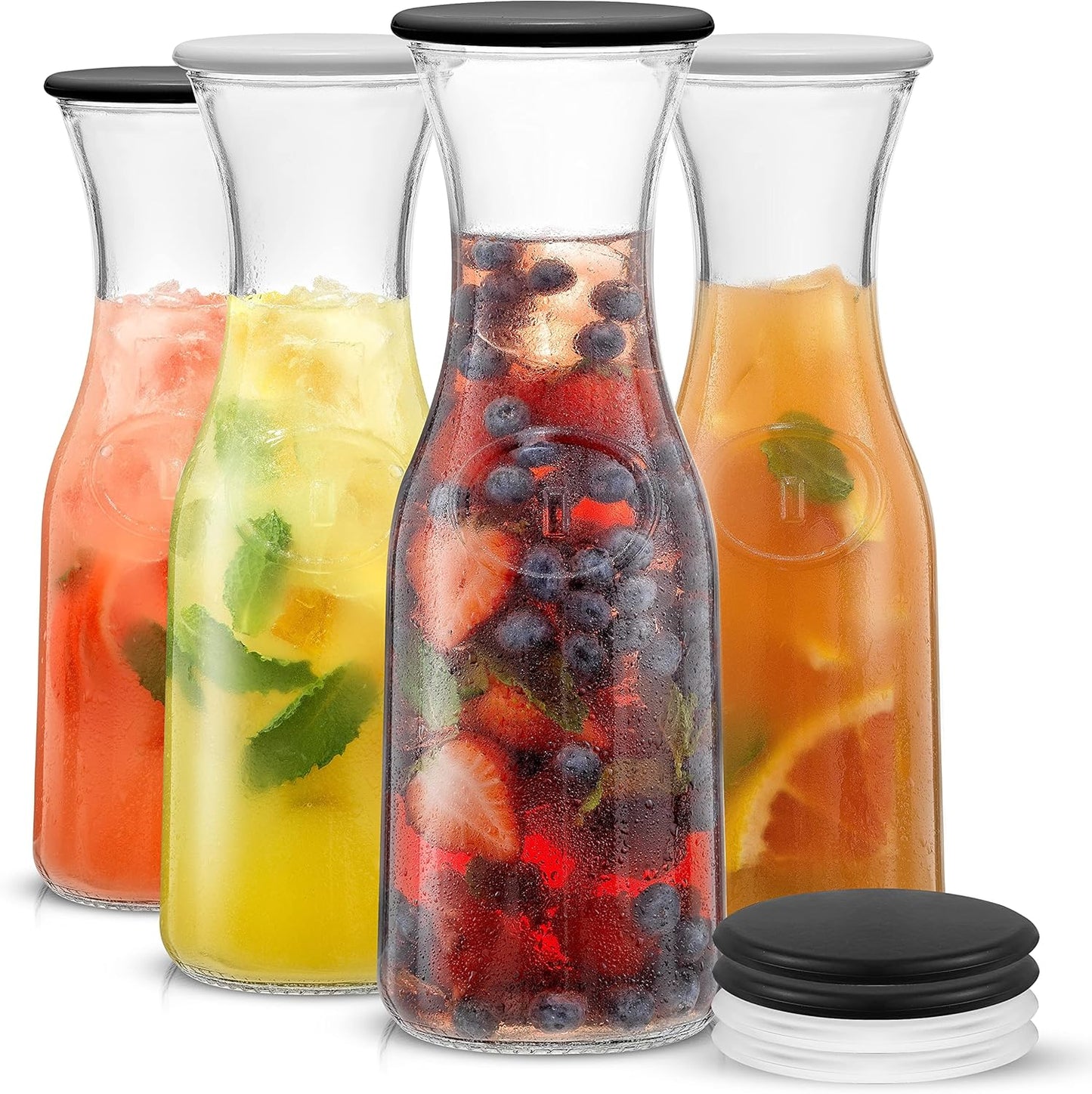 JoyJolt Glass Carafe with Lid, Set of 4 – 1 Liter Glass Pitcher for Mimosa Bar, Water, Iced Tea, Juice, Wine, Lemonade, Milk – Dishwasher Safe Beverage Drink Dispensers for Brunch, Parties