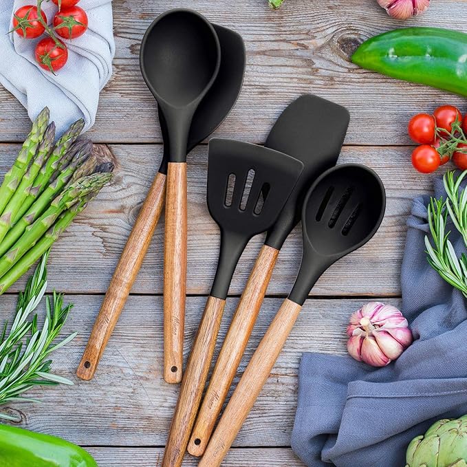 Kitchen Utensils Set, Silicone Cooking Utensils Set,Non-Stick Silicone Spatula Set with Natural Acacia Hard Wood Handle, 5 Piece, Upgraded Thickened Cookware