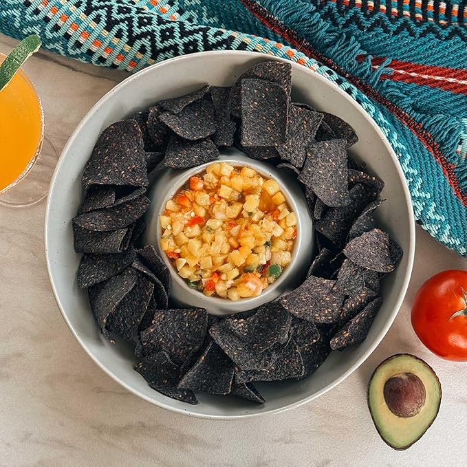 Mora Ceramic Chips and Dip Serving Tray: Large Divided Party Bowl Set for Chips & Salsa, Veggies & Dip, Fruit, Snacks, Entertaining, Hosting, etc. Minimalist Design for the Modern Hostess - Earl Grey