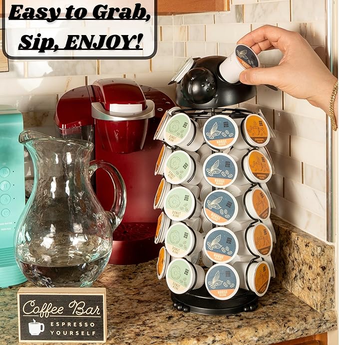 Made Easy Kit Carousel Coffee Pod Holder - Compatible with Keurig K-Pods K-Cups - Countertop 360 Spin Rack Storage Organizer - Revolving Base - Capsule Café Station Bar (Dog Black, Large)