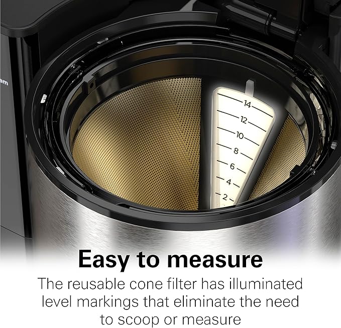Hamilton Beach 14 Cup Programmable Coffee Maker with Easy Measure Light Up Reusable Filter, Removable 70 Oz. Water Reservoir, Black and Stainless Steel