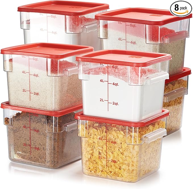 CURTA 8-Pack 6 Qt NSF Clear Polycarbonate Food Storage Containers with Red Lids - Square, Commercial-Grade, Freezer & Dishwasher Safe, Stackable