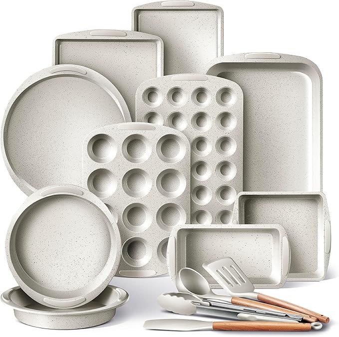 Country Kitchen Nonstick Stackable Bakeware Set - Durable, Easy Release Baking Set, Cream, 14 Pcs