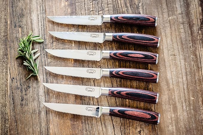 Majesty Series Professional Steak Knife Set with Damascus Pattern - Razor Sharp Serrated Stainless Steel with Wooden Handle (Set of 6 Steak Knives)